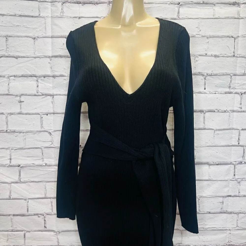 Good American Womens Black Ribbed Tie Waist Long Sleeve Sweater Dress Sz 4 NWOT